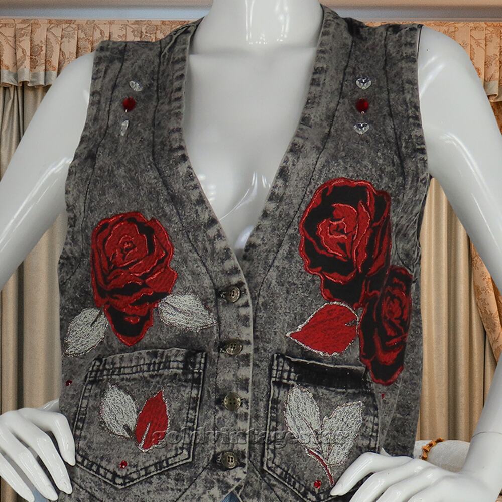 90s Vintage Cherokee Floral Rose USA Made Acid Wash Vest M
